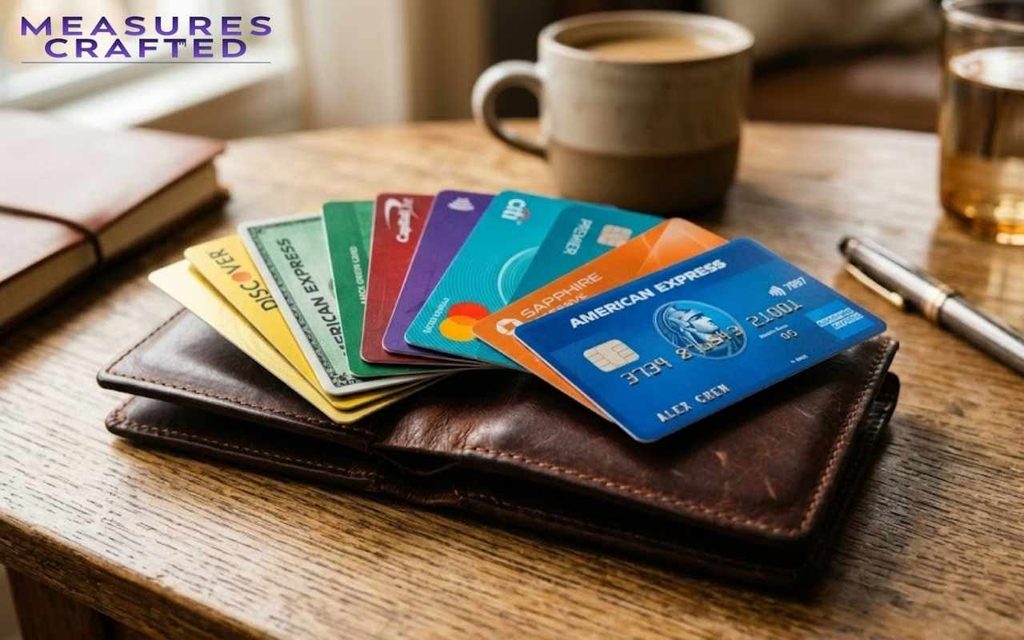 A collection of various credit cards, including American Express and Chase, fanned out. They are resting on an open brown leather wallet on a wooden table featuring 10 inches.