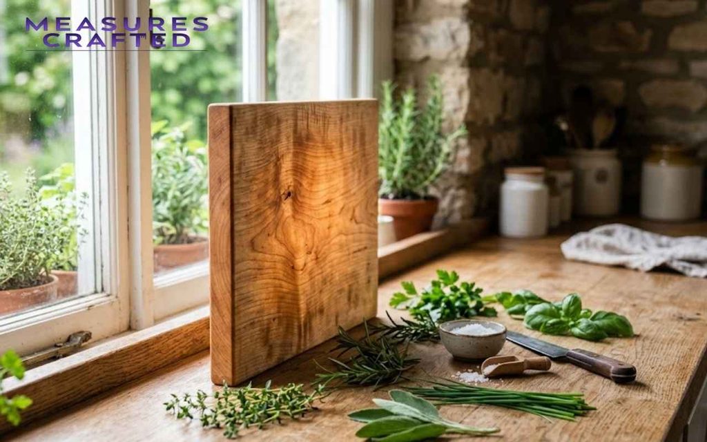 A wooden cutting board propped by a sunny window with plants. Fresh herbs, salt, and a knife are on a counter.