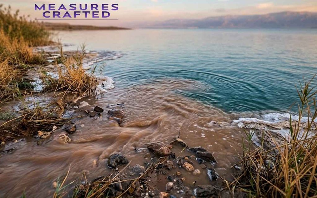 A brown, muddy stream flows over rocks and mixes with the calm turquoise water of a sea.