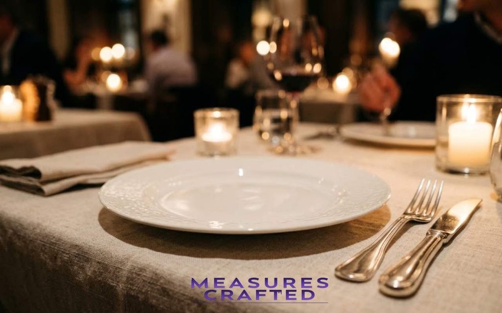A white 10 inches dinner plate and silver cutlery on a linen tablecloth. Warm candlelight glows in a softly blurred restaurant background.