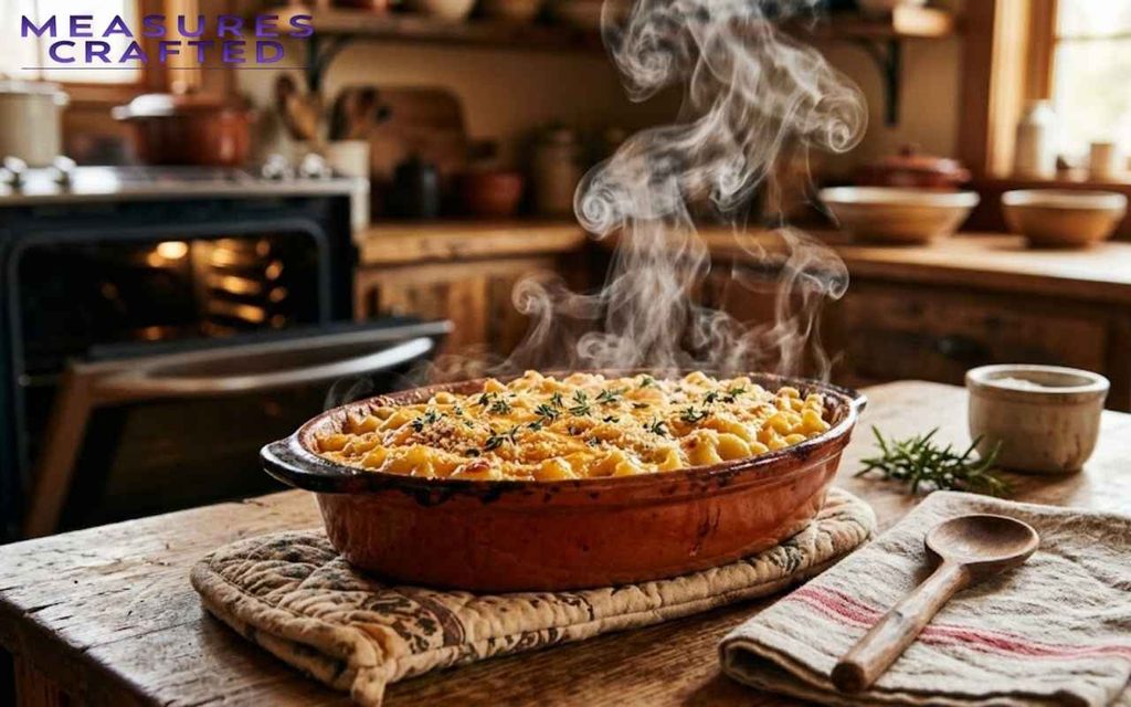 A steaming baked macaroni and cheese in a rustic ceramic dish. A cozy country kitchen background with an open oven.