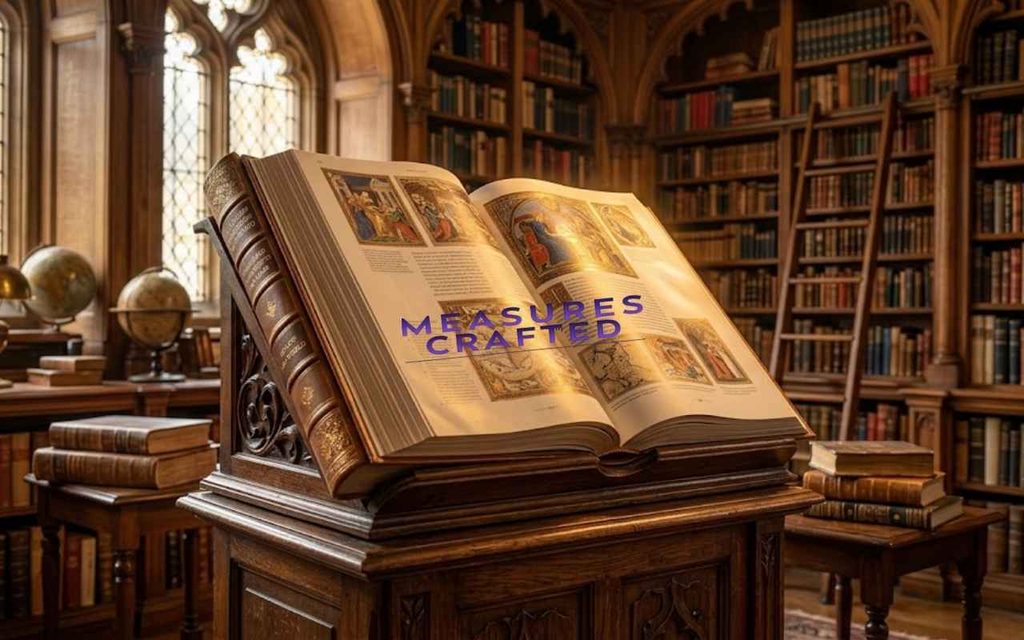 A book rests on a carved wooden lectern in a grand library. Vintage globes, stacks of old books, a rolling ladder, and stone-arched windows fill the scene.