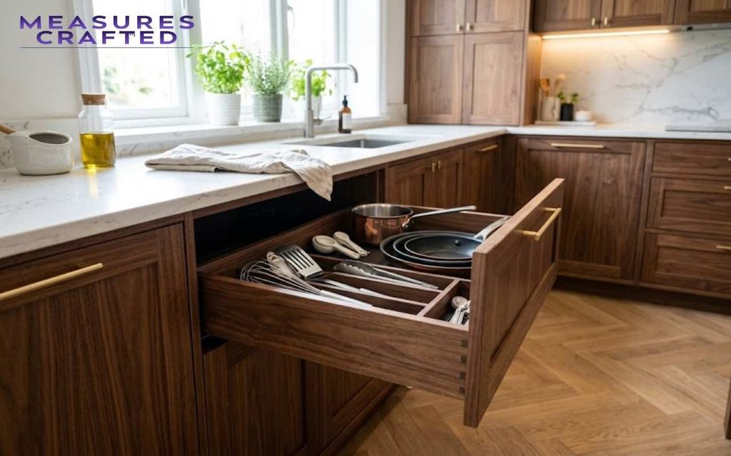 A modern open walnut drawer filled with cutlery and pots. Set within a high-end kitchen with a sink and window.