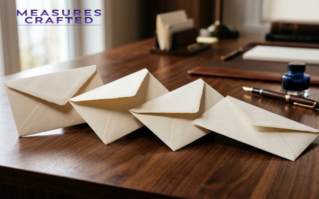 Four blank cream envelopes overlapping on a dark wood desk. In the background are a fountain pen and an inkwell.