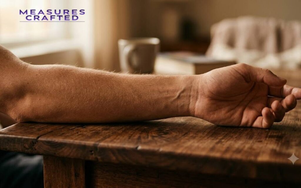 A person's bare forearm and relaxed hand resting on a rustic wooden table. Natural light highlights the skin texture.