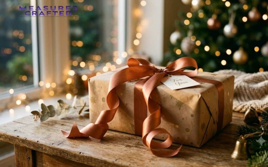 A Christmas gift with a copper ribbon and "For You" tag on a rustic table.
A decorated tree and twinkling bokeh lights are in the background.