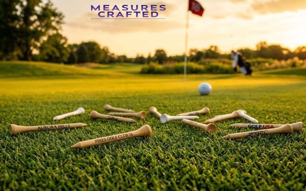 Numerous 10 inches golf tees are scattered across the grass. A golf ball and a numbered flagstick stand on the green in the sunset light.