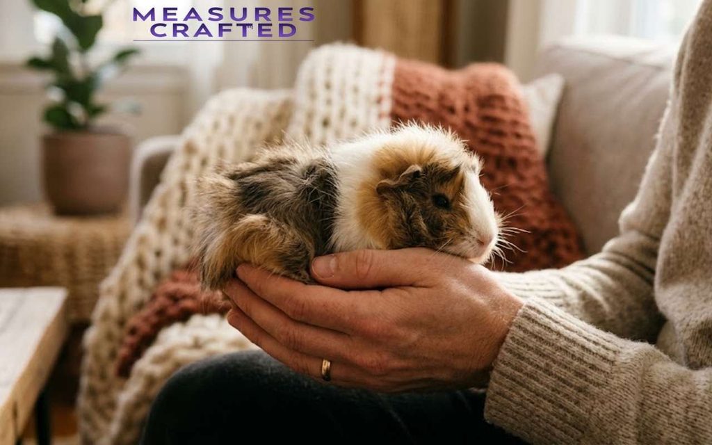 A person cradles a small, tricolor guinea pig. The background shows blankets and a plant in a cozy home setting.