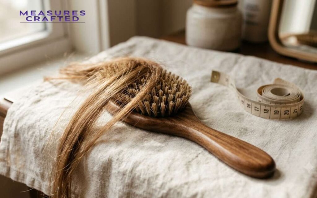 A wooden hairbrush with 8 inches long light brown hair caught in its bristles. A measuring tape rests nearby on a linen cloth by a window.