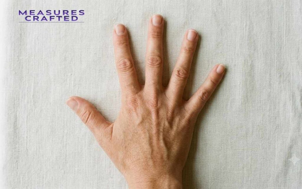 A human left hand with fingers widely spread. Resting flat on a light-colored, textured linen textile featuring 8 inches.