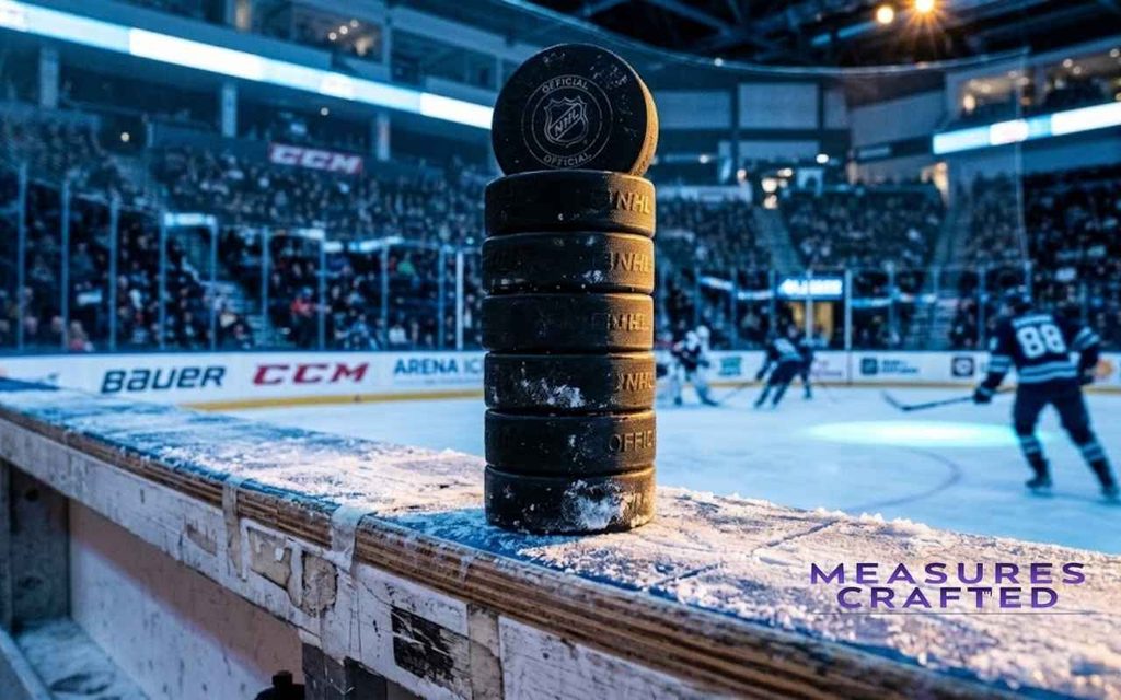 A stack of hockey pucks sits on the wooden boards of a rink featuring 10 inches. In the background, a hockey game is underway with a large crowd visible.
