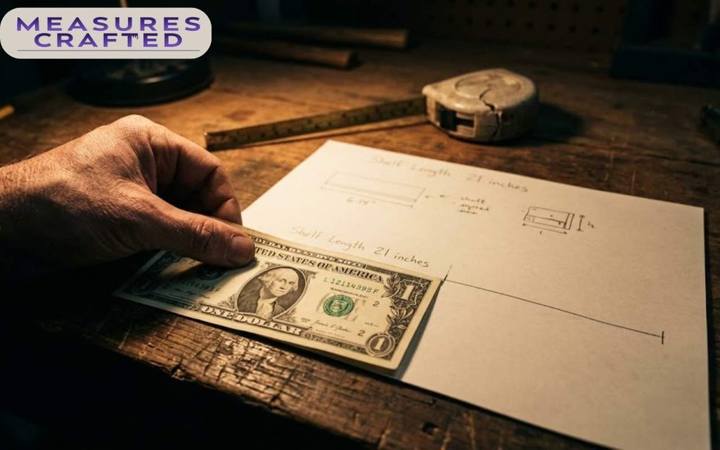 A man's hand uses a dollar bill to measure a shelf diagram on paper. The paper sits on a wooden workshop bench next to various tools.