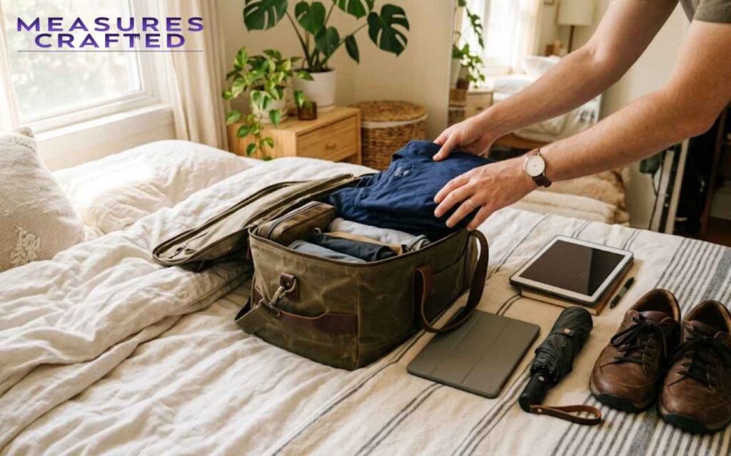 Hands packing a shirt into an travel bag on a bed. Laid-out travel essentials including leather shoes, two tablets, and an umbrella.