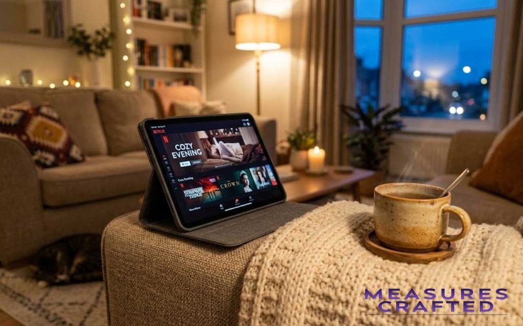 A 10 inches tablet and a steaming mug rest on a sofa armrest near a blanket. A cozy living room at twilight is visible in the background.