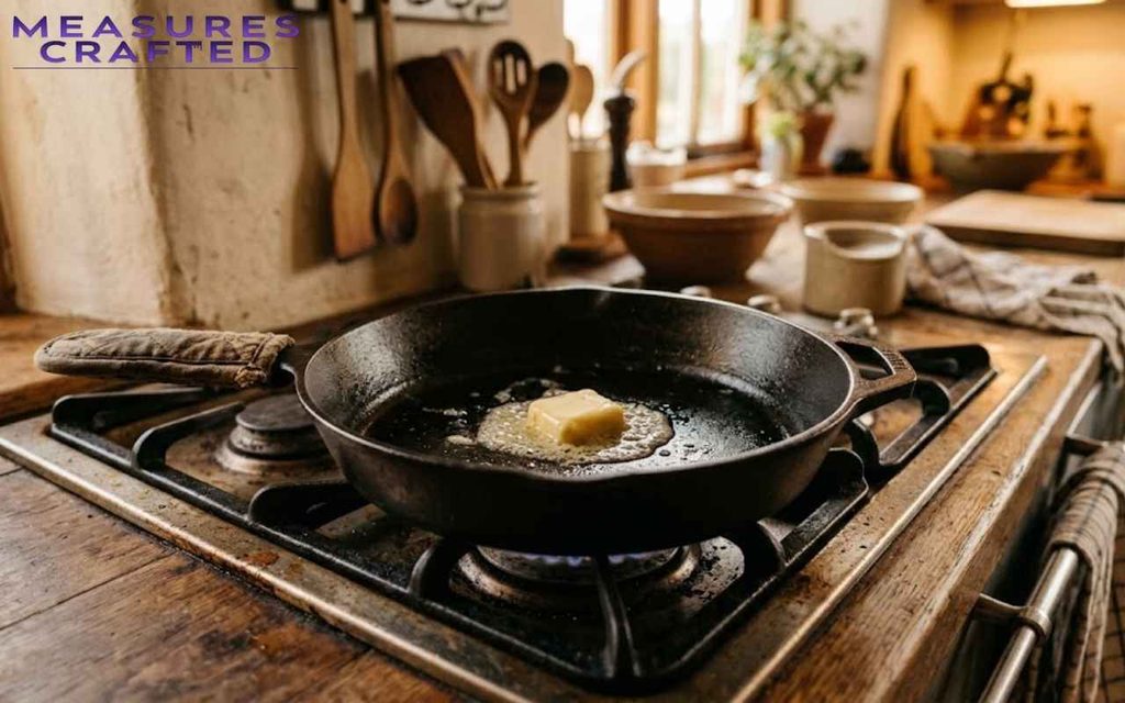 A pat of butter melts in a cast iron skillet on a gas burner. It is set against a rustic wooden kitchen backdrop.