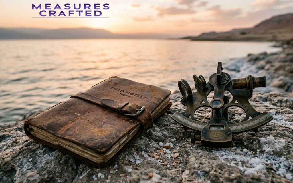 A vintage leather journal and a brass sextant on a salt-crusted rock. Overlooking a calm sea at sunset with distant mountains.