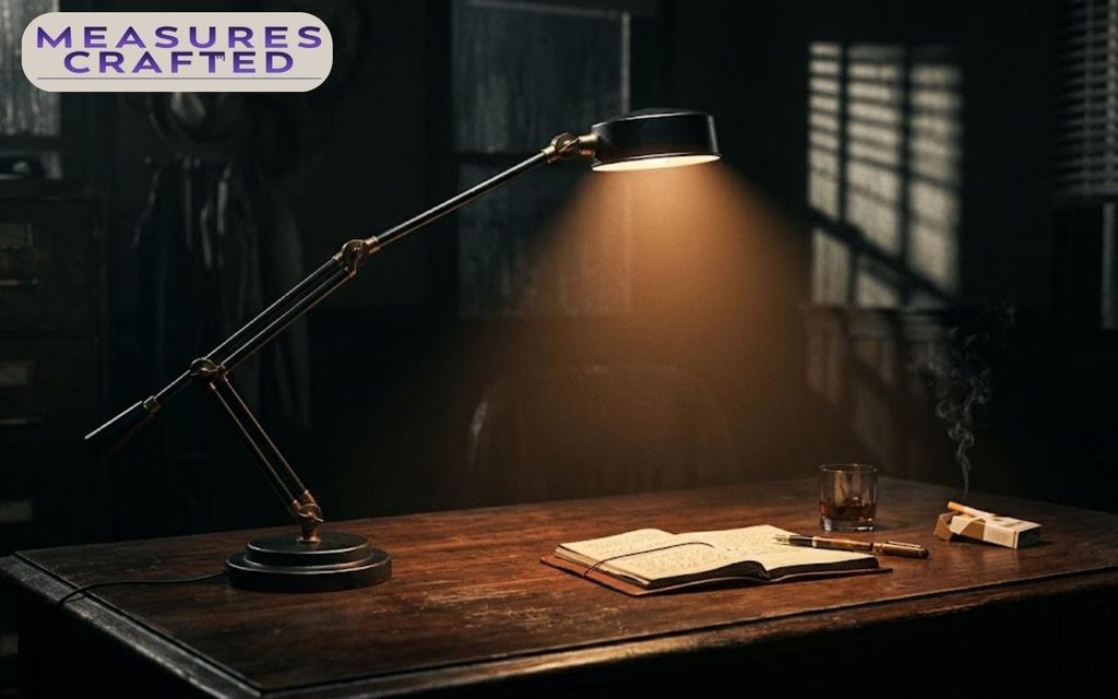 Lit desk lamp illuminates an open notebook and a smoking cigarette. Vintage office at night with a whiskey glass and blind shadows.