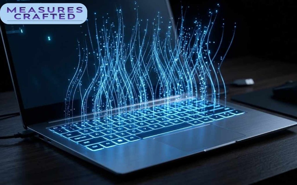 An 11 inches laptop on a dark desk showing code on screen. Blue holographic light streams from the glowing keyboard.