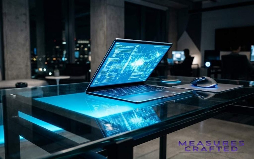 An open laptop on a glass desk, screen glowing with intricate blue data network visualizations.