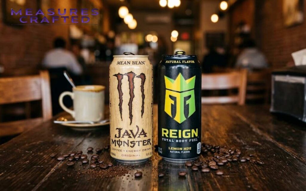 A can of Java Monster Mean Bean and a can of Reign Lemon HDZ are on a wooden cafe table. The drinks are displayed amidst scattered coffee beans with a warm, blurred cafe background.