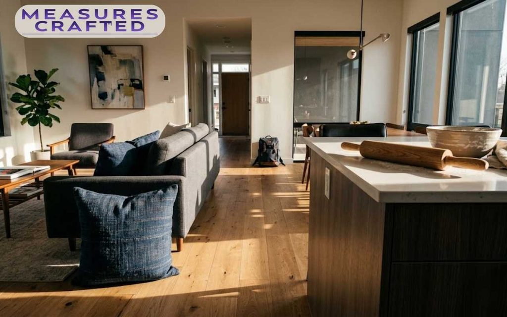 Sunlight fills a open-concept living room featuring a grey sofa and hardwood floors. A wooden rolling pin and a bowl of flour rest on a kitchen island featuring 18 inches.