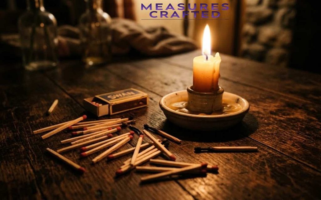 A lit candle in a ceramic holder on a rustic wooden table. A box of "SWAN" matches and scattered matchsticks are beside it.