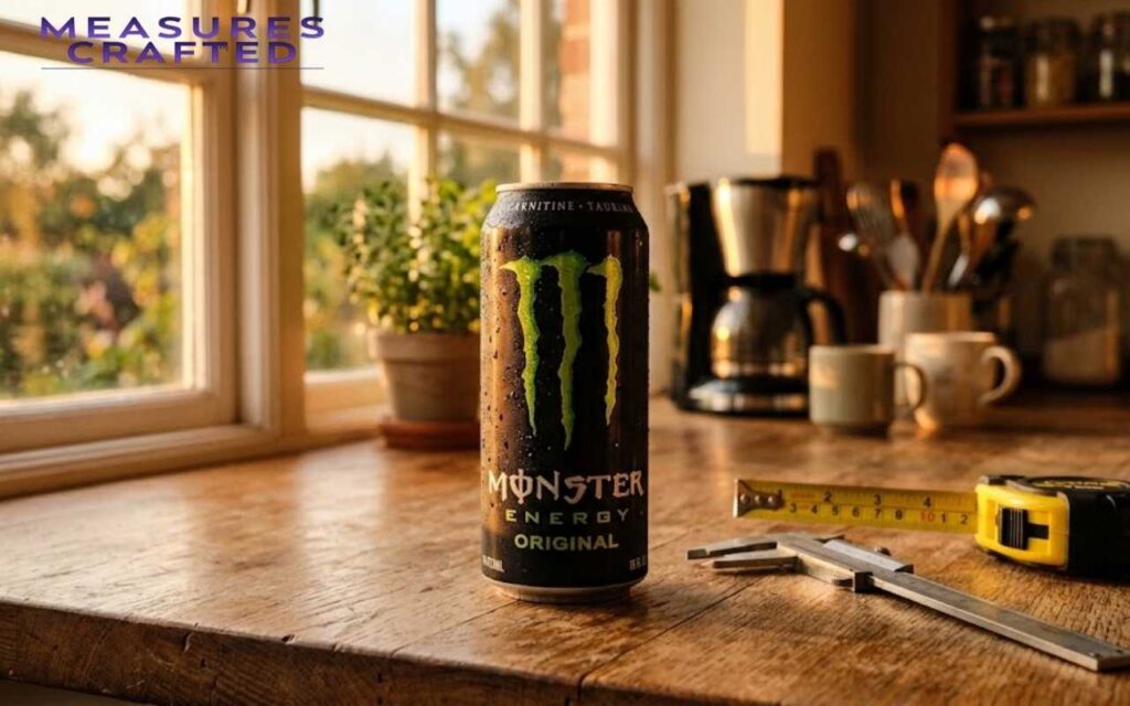 A cold Energy drink on a sunlit wooden counter. A tape measure and calipers rest beside the glistening can.