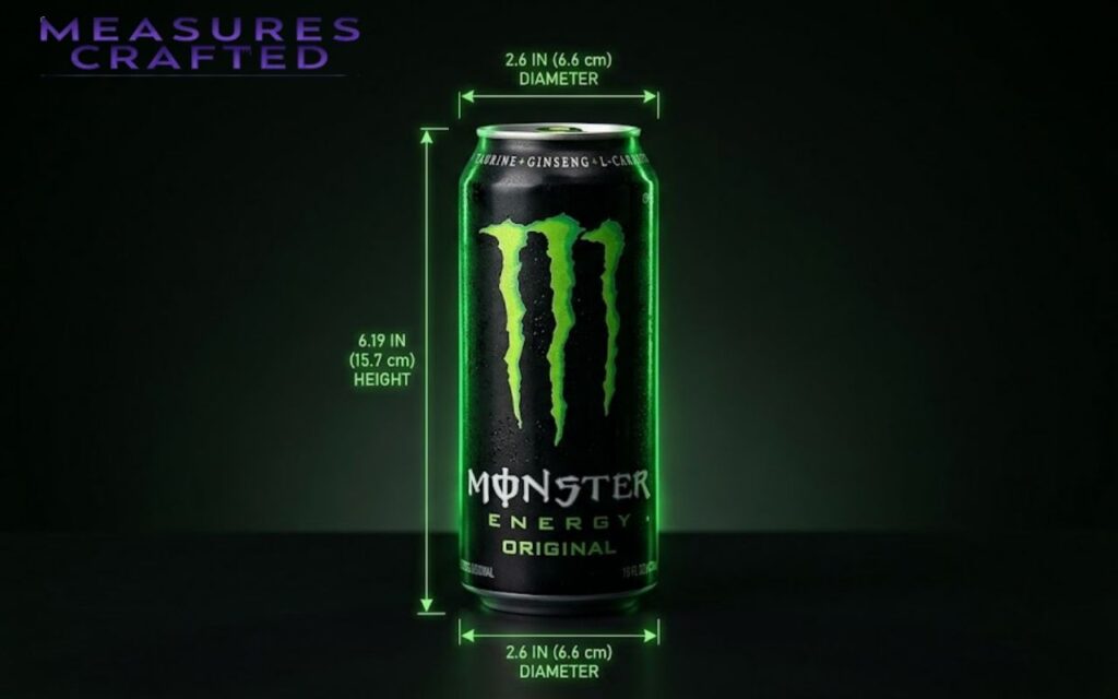 A glistening Monster Energy can with glowing green outlines. Neon dimension lines indicate a height of 6.19 inches and a diameter of 2.6 inches.