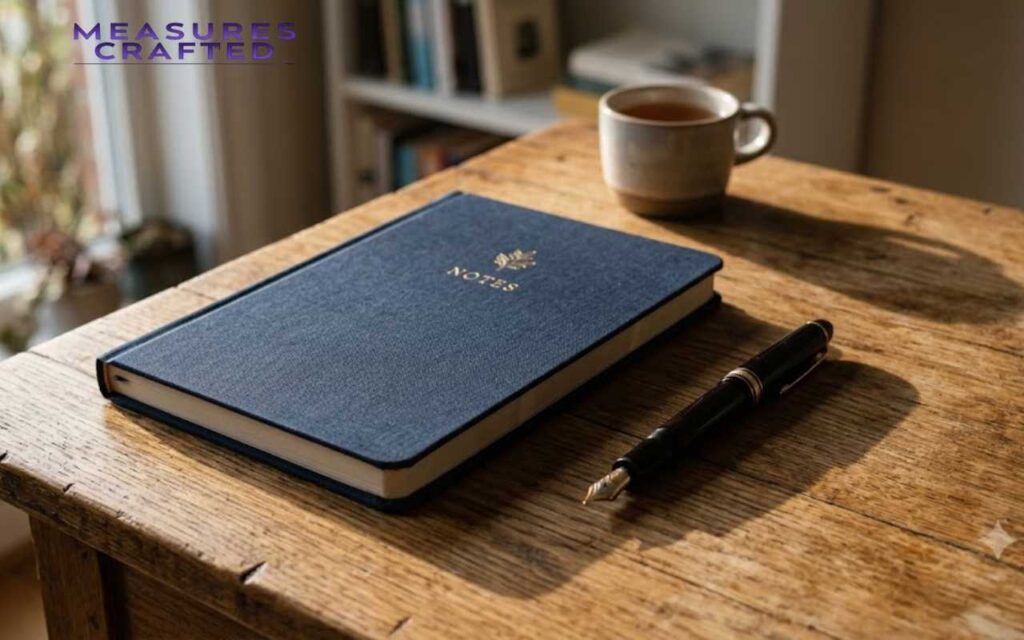 8 inches long blue hardcover notebook with "NOTES" in gold on a wooden table. A black fountain pen rests beside it, with a cup of tea and bookshelves in the background.
