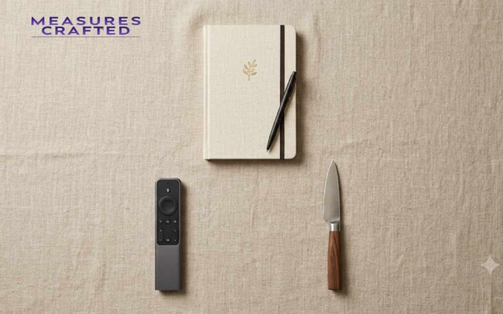 Top-down view of a beige notebook with a gold leaf design and a pen. A grey remote and a wood-handled paring knife below on linen featuring 8 inches.