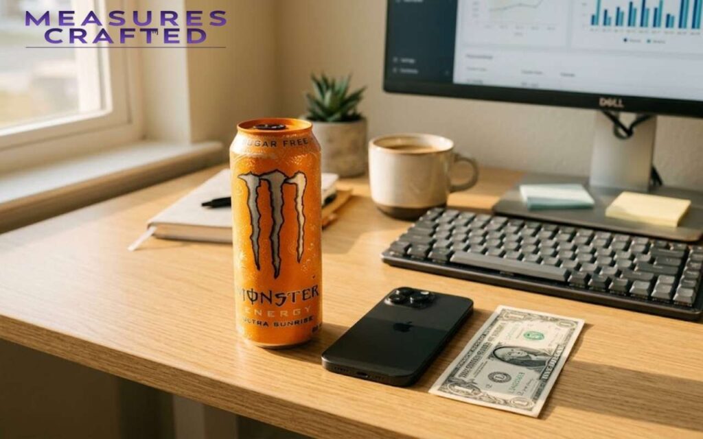 A can of Monster Energy Ultra Sunrise, a smartphone, and a dollar bill on a wooden desk. The background includes a computer monitor, keyboard, coffee mug, and a plant.