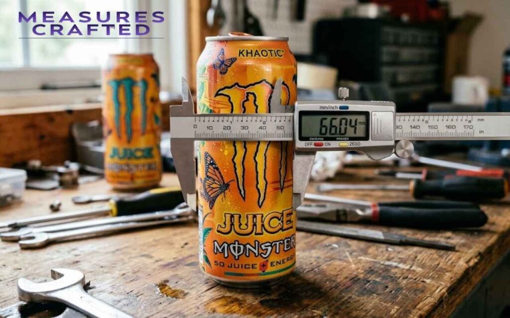 A vibrant Khaotic can sits on a wooden workbench. Digital calipers measure the can's diameter, reading 66.04 mm.