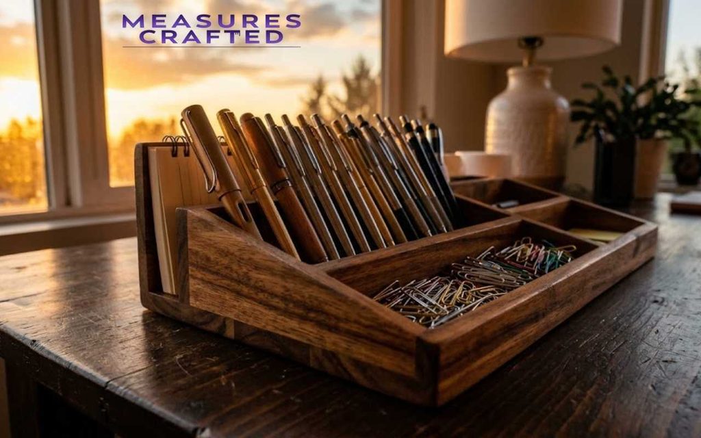 A wooden 11 inches desk organizer filled with pens and paperclips. It sits on a desk with a golden sunset visible through a window.