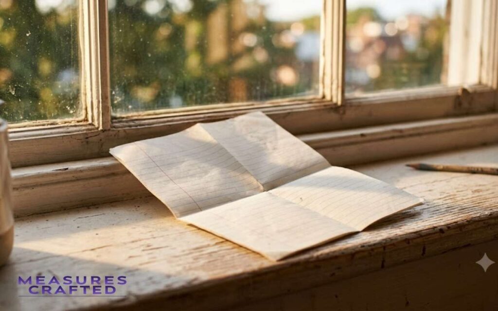 A piece of folded lined paper sits on a sunlit, wooden windowsill. Potted succulent and pencil nearby featuring 8 inches.