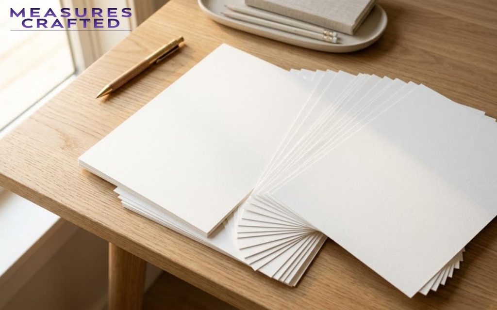A fanned stack of blank papers on a wooden desk featuring 10 inches. A gold pen and a pencil tray rest nearby in natural window light.