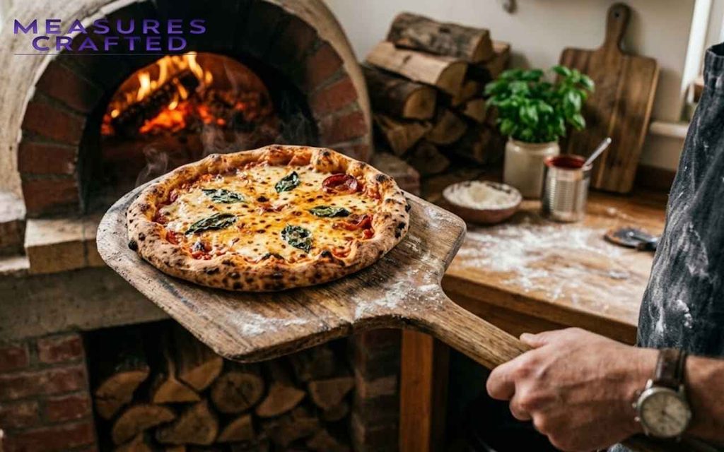 A person in an apron holds a freshly baked pizza on an 18 inches wooden peel. A rustic, fiery wood-fired brick oven serves as the background.
