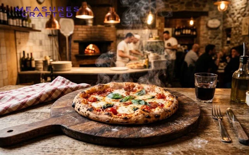 Steaming wood-fired Margherita pizza on a wooden peel. A rustic Italian pizzeria background with a brick oven.