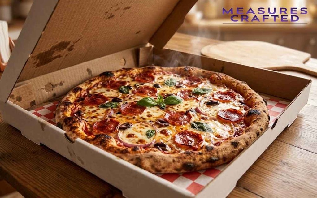 A steaming, 18 inches pepperoni and basil pizza sits inside an open cardboard box. The box rests on a wooden table, lined with red and white checkered paper.