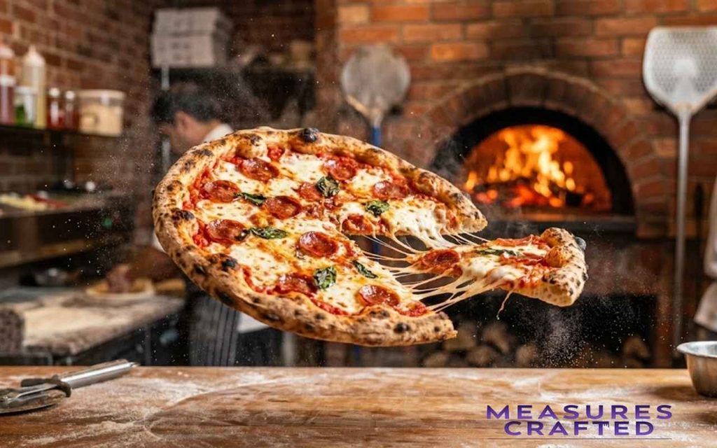 A mid-air shot of a pepperoni and basil pizza. Melted cheese stretches from a slice separating from the main pie above a flour-dusted table.