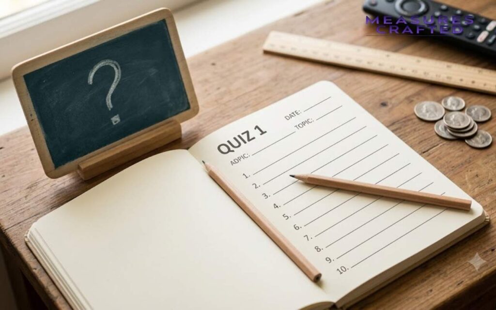 An open notebook on a table for "QUIZ 1" with two pencils and a chalkboard question mark.
A stack of U.S. quarters, a ruler, and a TV remote are also on the desk.