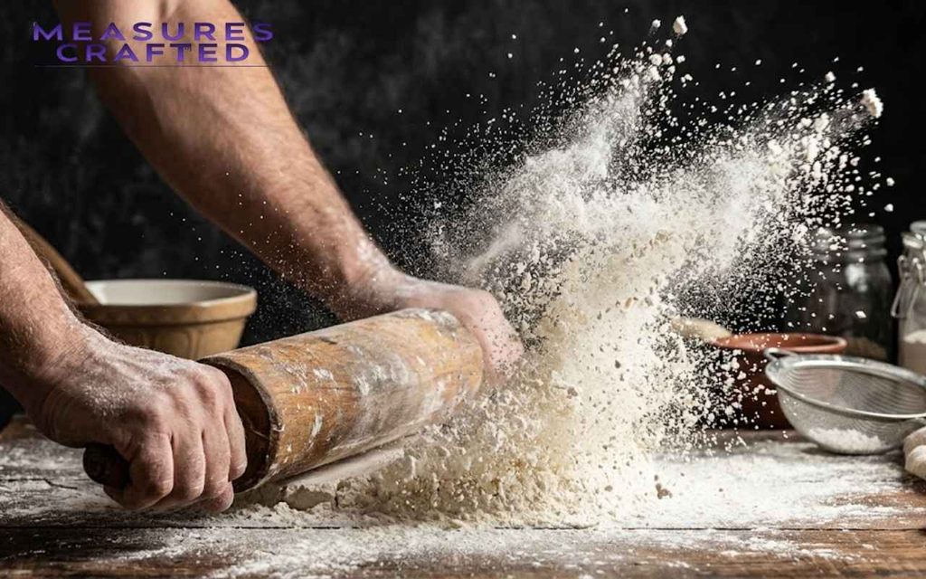 Floured hands are using a wooden rolling pin on a rustic table. A explosion of white powder is captured in mid-air.