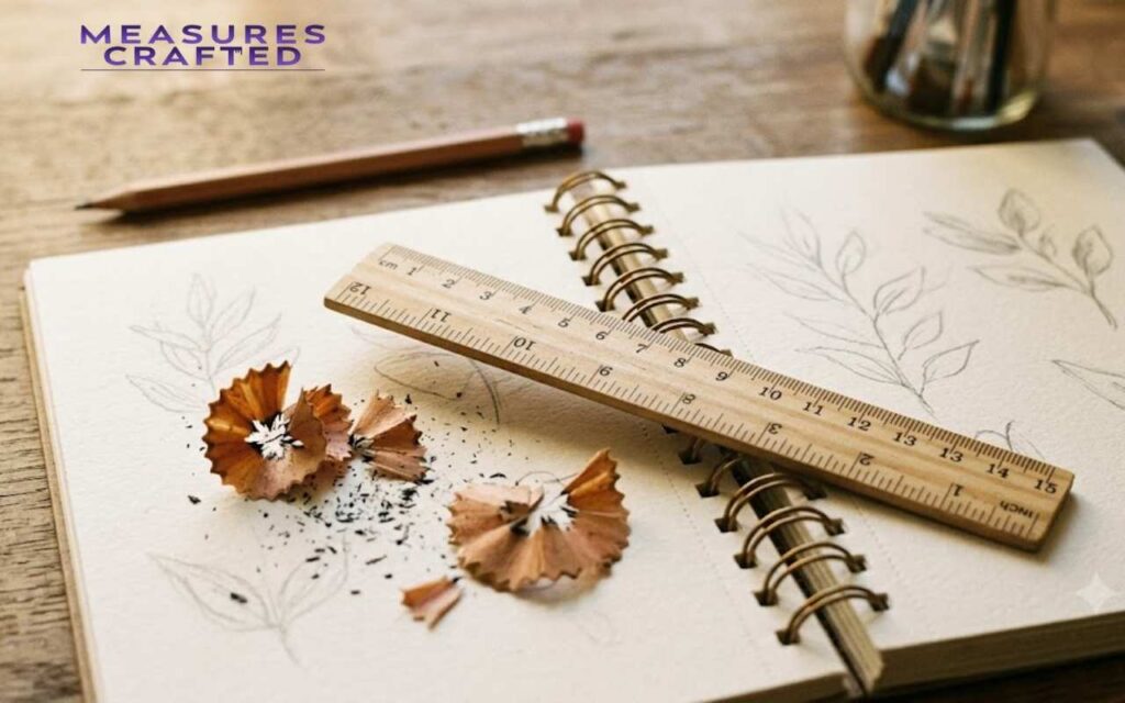 An open notebook with botanical pencil drawings and pencil shavings. A wooden ruler lies diagonally across the pages.
