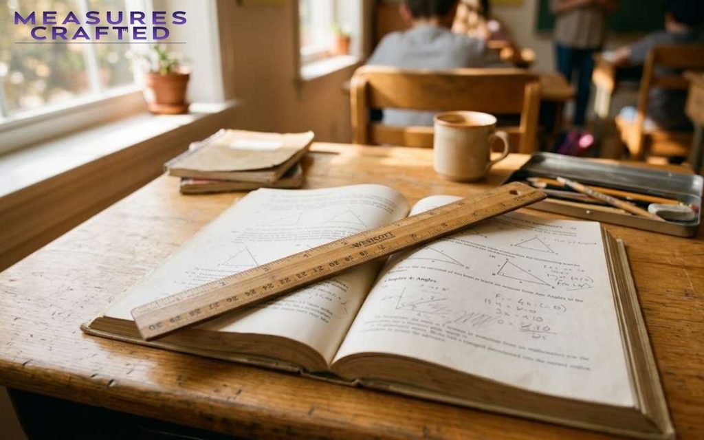 A wooden ruler lying diagonally across an open geometry textbook. The book is on a wooden desk in a warmly-lit classroom setting.