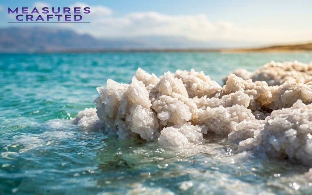 Rugged white salt formations in turquoise sea water. Hazy desert mountains in the background.