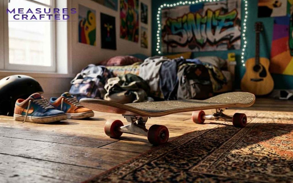 An 18 inches long skateboard rests on a sunlit wooden floor beside sneakers and a black helmet. A messy urban bedroom serves as the backdrop.