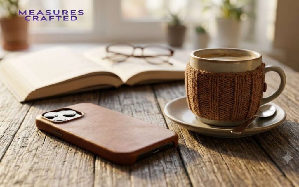 Brown leather phone case and coffee mug with cozy on a wooden table. Sunlit open book, glasses, and plants by a window in the background.