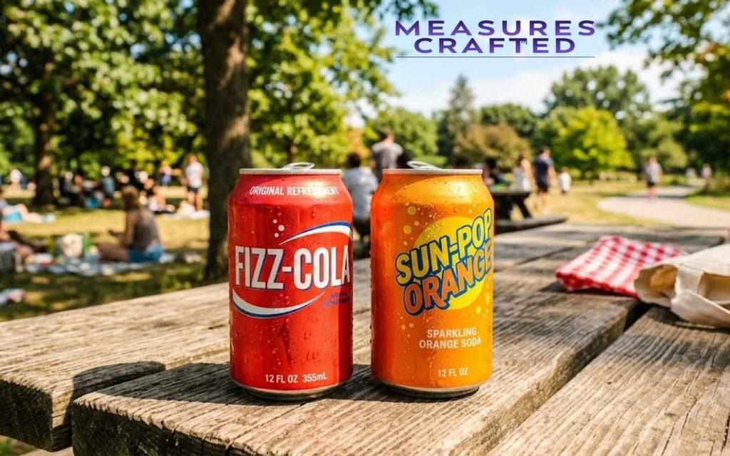Two cold, condensation-covered soda cans sit on a rustic wooden picnic table. A sunny park with blurred people fills the background.