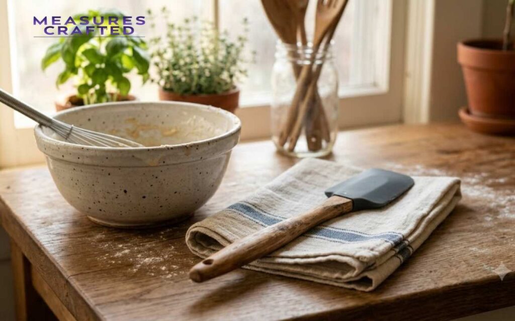A wooden-handled spatula on a folded kitchen towel next to a speckled mixing bowl.