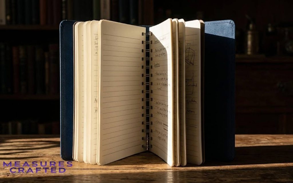 11 inches open spiral notebook standing upright on a wooden desk. Dramatic side lighting casts deep shadows across its fanned pages.