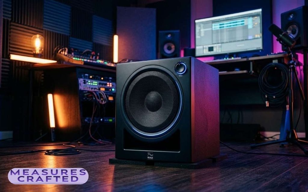 A black 10 inches Kali Audio subwoofer rests on a wooden floor. The background features a recording studio setup with colorful ambient lighting.
